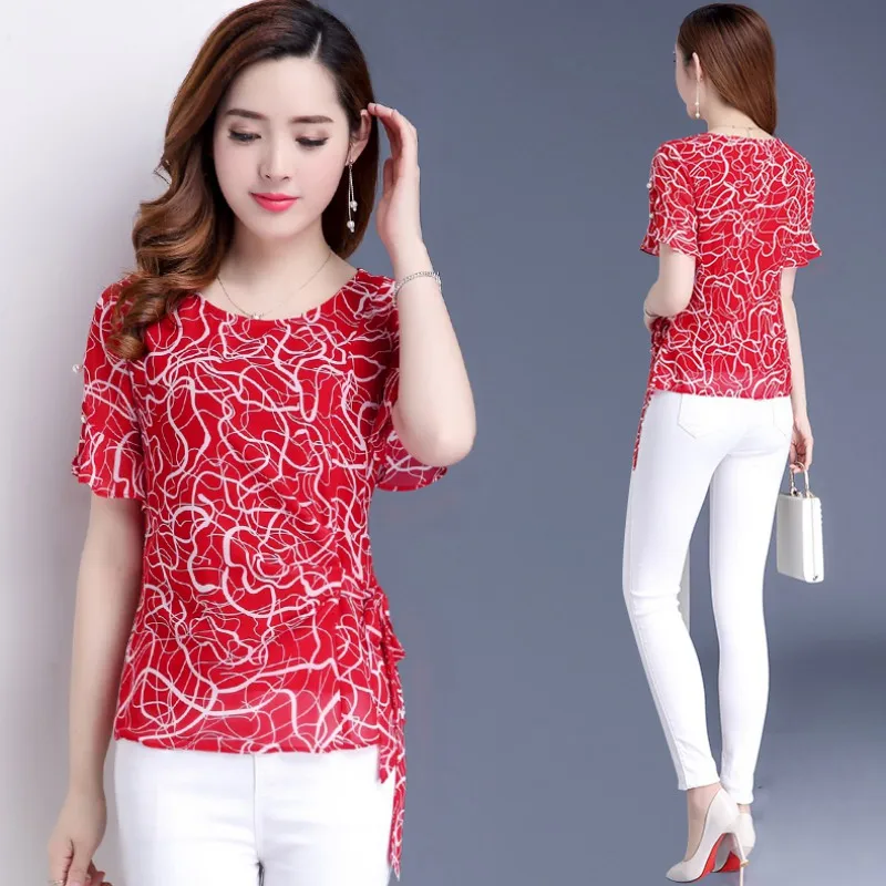 

Summer Tops Women Dots Flower Print Flare Sleeve Blouse Casual Thin Chiffon Ladies Beach Office Lady Plus Size Shirts Blouses