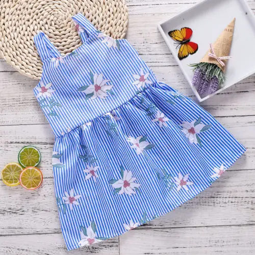 Newborn Blue Striped Floral Dress Summer Baby Girl Kid Strap Sleeveless Princess Children Sundress Clothes | Детская одежда и
