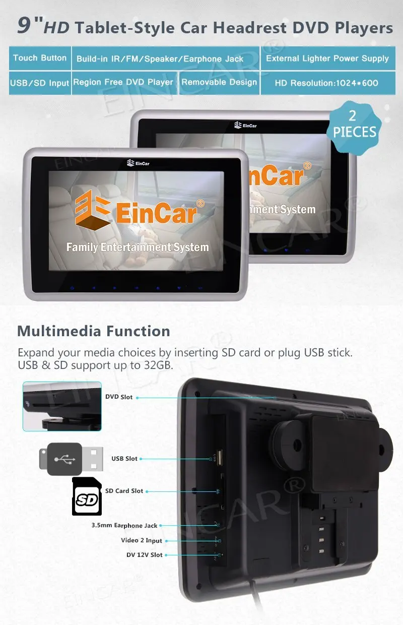 Двойной подголовник автомобиля DVD плеер Авто монитор HD сенсорный экран FM и ИК