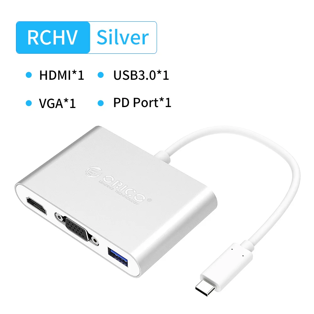 ORICO type-C концентратор USB C к мульти USB3.0 HDMI/VGA/RJ45/SD TF кардридер разветвитель PD зарядное устройство адаптер док-станция для ноутбука Macbook - Цвет: RCHV Silver