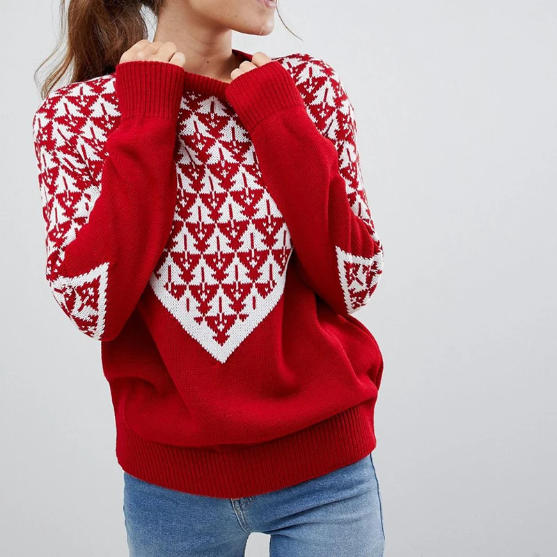 2018 Зимний Рождественский свитер джемпер женский красный вязаный с