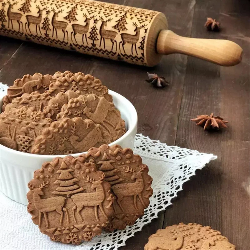 

Christmas Embossing Rolling Pin Baking Cookies Biscuit Fondant Cake Dough Engraved Roller Reindeer Snowflake