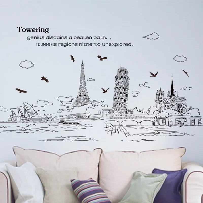 

Paris Famous Buildings Tower wall sticker City View Vinyl DIY wall Poster for Living room Study Sofa background Home Decorations