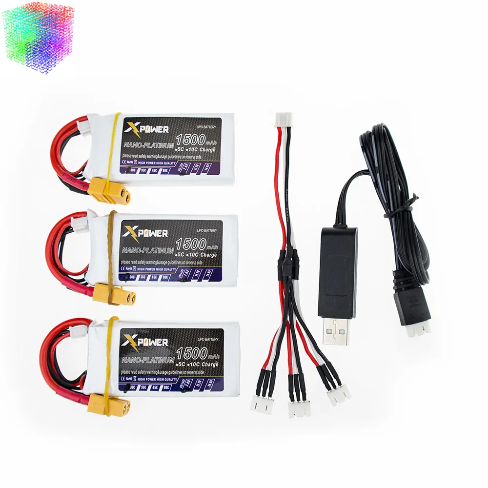 7.4V 1500mAh 2s Lipo battery 30C max 35C Xpower 3pcs and USB charger XT60 / T plug for RC Helicopter Quadcopter drone part | Игрушки и