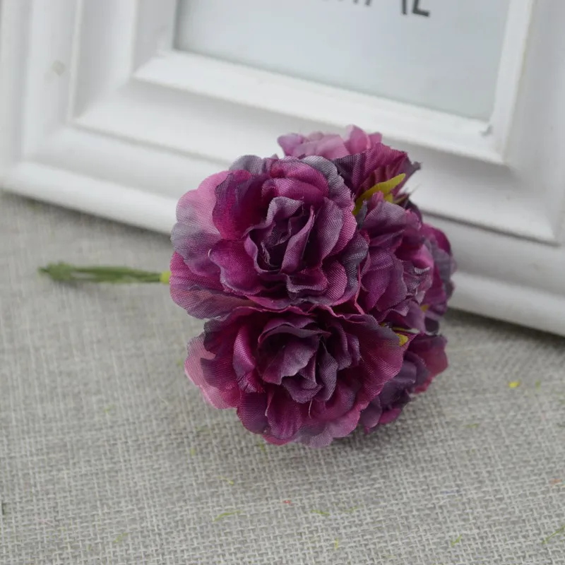 Dark purple 6 шт./лот, Шелковый цветок, розы, искусственные цветы для свадьбы, украшение автомобиля, свадебная невеста, запястье, цветок помпоны для венка, декоративные - Цвет: Dark purple