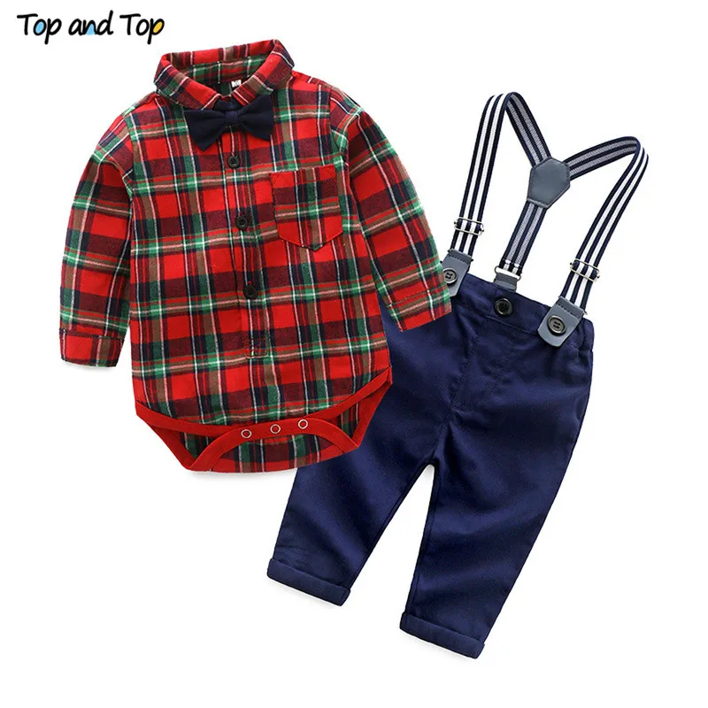 Top and Top Spring Cotton Gentleman Baby Boys Clothes Clothing Sets Plaid Long Sleeve Biw tie Shirt Rompers Suspenders Pants