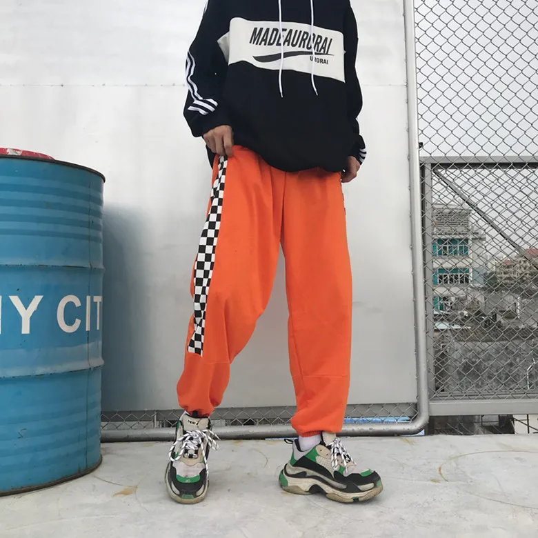 Orange pants Брюки Харадзюку женские шахматные Лоскутные Свободные повседневные брюки унисекс брюки с высокой талией - Цвет: Orange pants