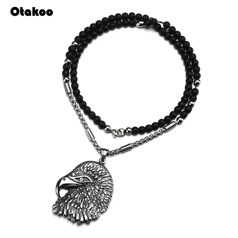Otakoo African Glass Beads Long Chain Necklaces For Men Punk Stainless Steel Eagle Head Pendant Statement Jewelry | Украшения и