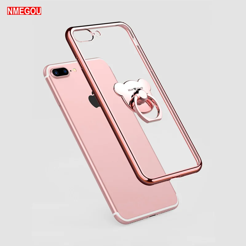 Роскошный обшивка Мягкий ТПУ чехол для телефона для IPhone X XR XS 11 Pro Max 7 8 6 6S Plus 10 5 SE прозрачный силиконовый чехол с медведем кольцо держатель