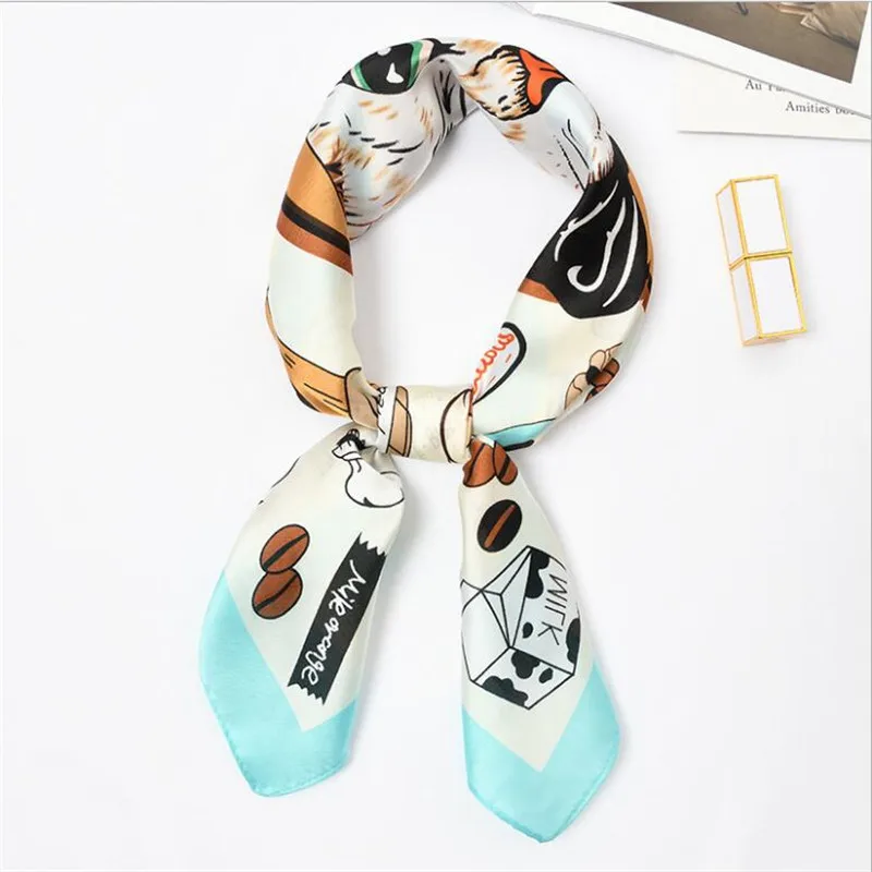 New 70x70cm Women Polyester Silk Scarf Cat Food Cute Printed Satin Small Square Wraps Scarves Shawl Headbands Ties handchiefs |
