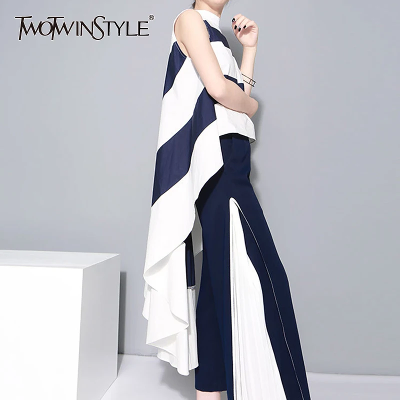 

Женская шифоновая блузка в полоску TWOTWINSTYLE, Летняя асимметричная блузка без рукавов с воротником-стойкой и драпировкой, с высокой талией, 2019
