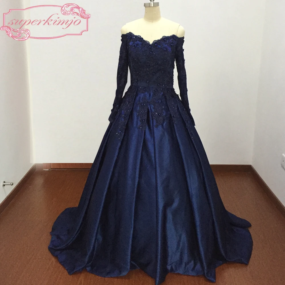 Атласное Вечернее платье в пол с длинным прозрачным рукавом|prom dresses real pictures|navy prom