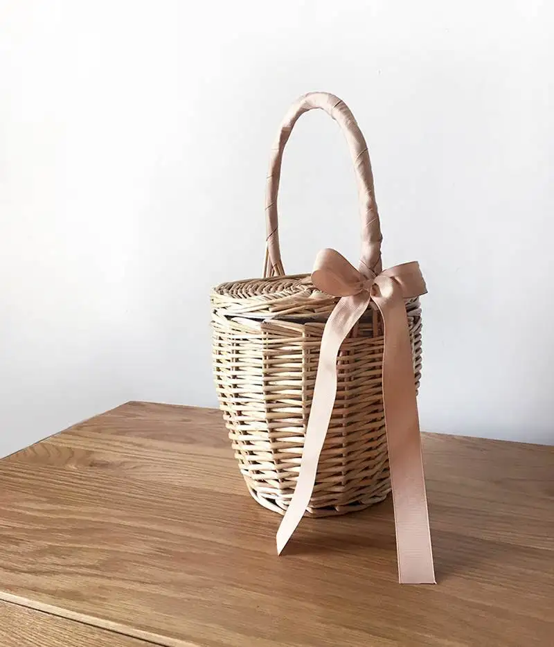 pink bow Плетеная Сумка из ротанга, пляжная сумка, женская соломенная сумка в стиле бохо, летняя мода, с бантом,, Прямая поставка - Цвет: pink bow