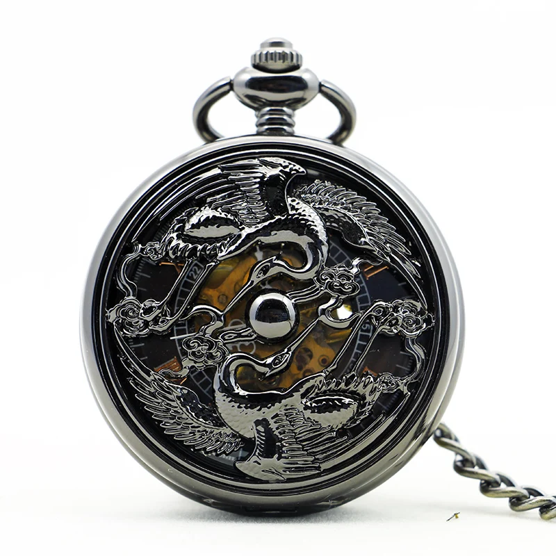 Black Smooth Texture Crane Mechanical Pocket Watch Retro Steampunk Gentleman Style Men's and Women's Necklaces Pendant Clock
