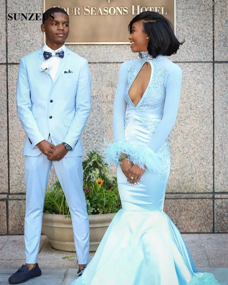 Lace High Neck Long Sleeves Prom Dress With Feathers Mermaid Floor Length Blue Party Gowns For Women Sexy Keyhole Front Robe