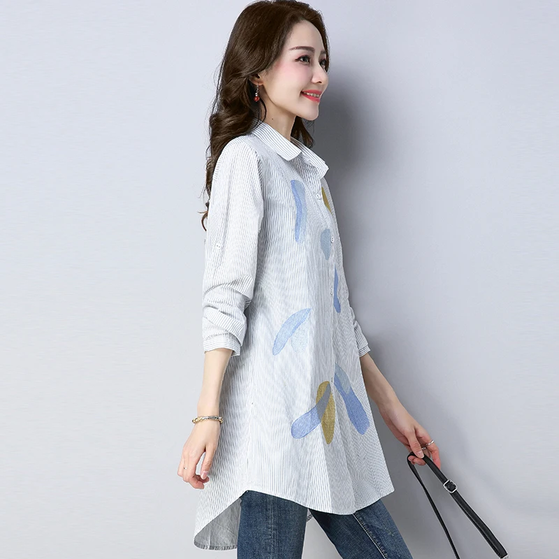 

Summer Korean Plus Size Print Women Blouse Long Sleeve Blouses Shirts All Match Long Slim Single Breasted Female Shirts Chemises