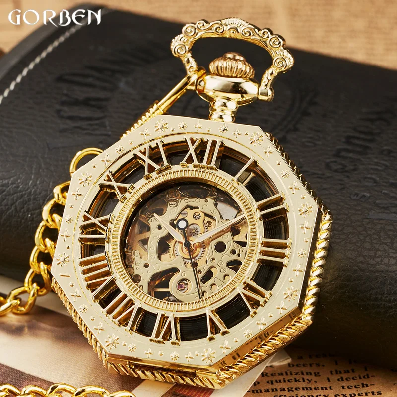 

Luxury Mechanical Pocket Watch Unique Hexagonal Hollow Roman Number FOB Chain Steampunk Full Steel Hand-winding Pocket Watches