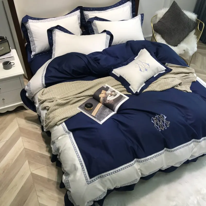 Home Bedding Sets Blue egyptian cotton Soft duvet Cover embroidery Bed Set pillowcase King size Queen 4pcs |