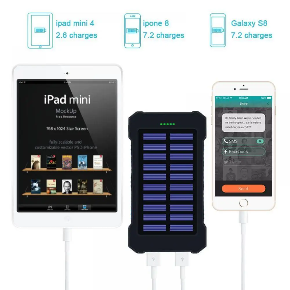 30000mah портативный водонепроницаемый Солнечный внешний аккумулятор LED Dual USB