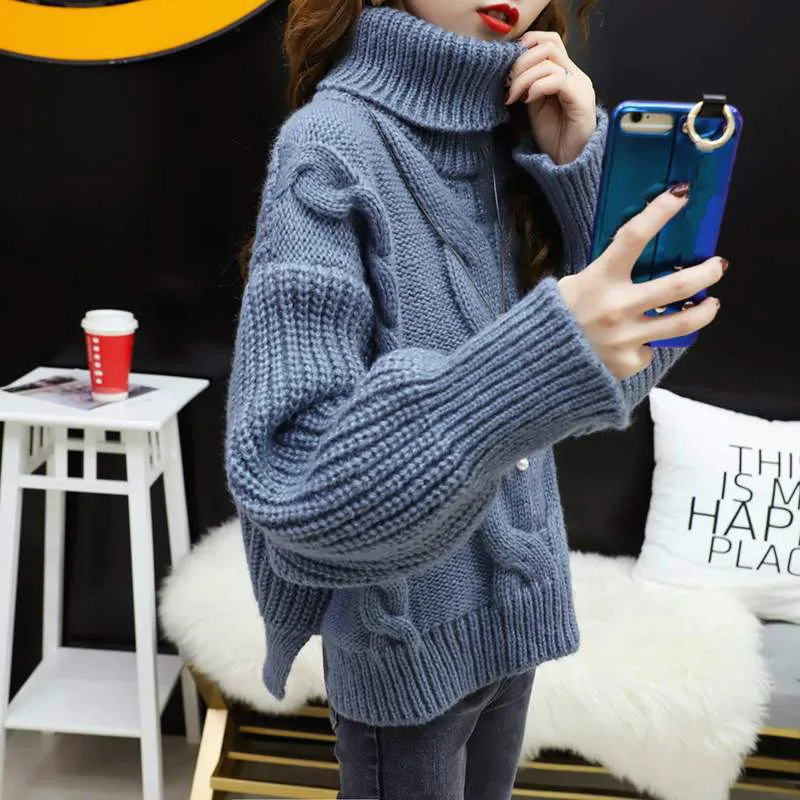 Korean Style Women Pullover Sweater Woman Winter 2020 Jumper High Collar Long Sleeve Thickened Loose Lady One Size Solid Autumn Женская
