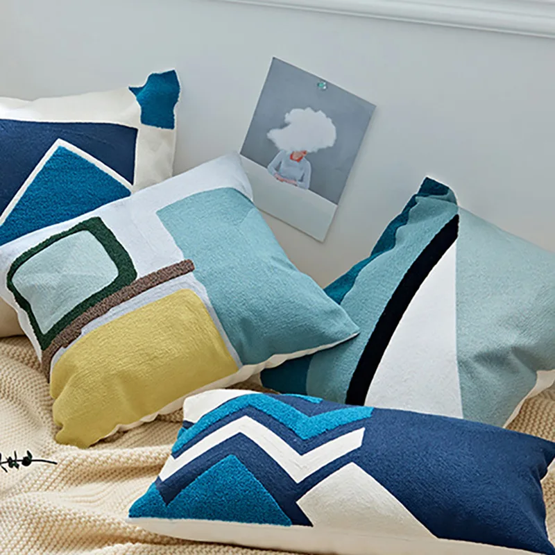 

Embroidered Cushion Cover Blue Abstract Geometric Square Geometric Canvas Cotton Square 45x45cm Pillow Cover Home Decoration