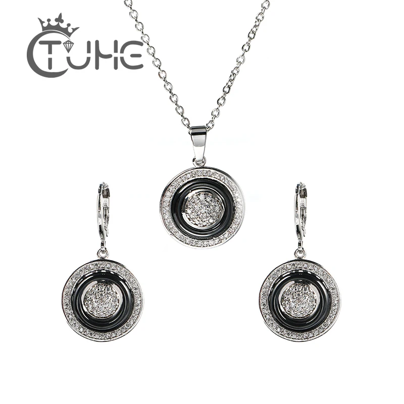 New Round Women Jewelry Set Shining Crystal Silver Metal Pendants Necklaces Black Ceramic Drop Earrings Vintage Fashion Jewelry