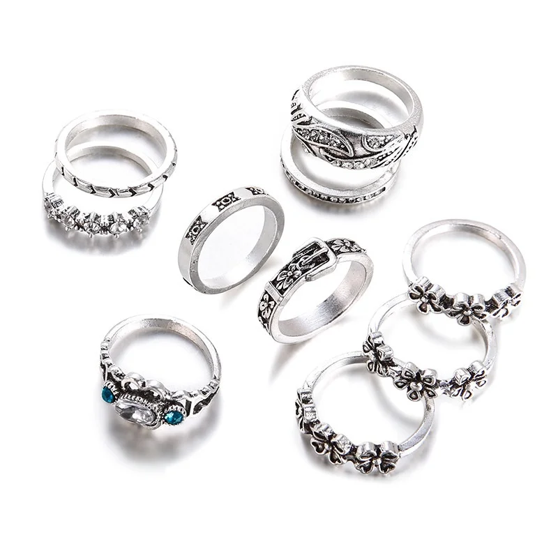 10 pieces / set of bohemian beach retro flower pattern lotus wave gems geometric crystal ring ladies charm accessories | Украшения и