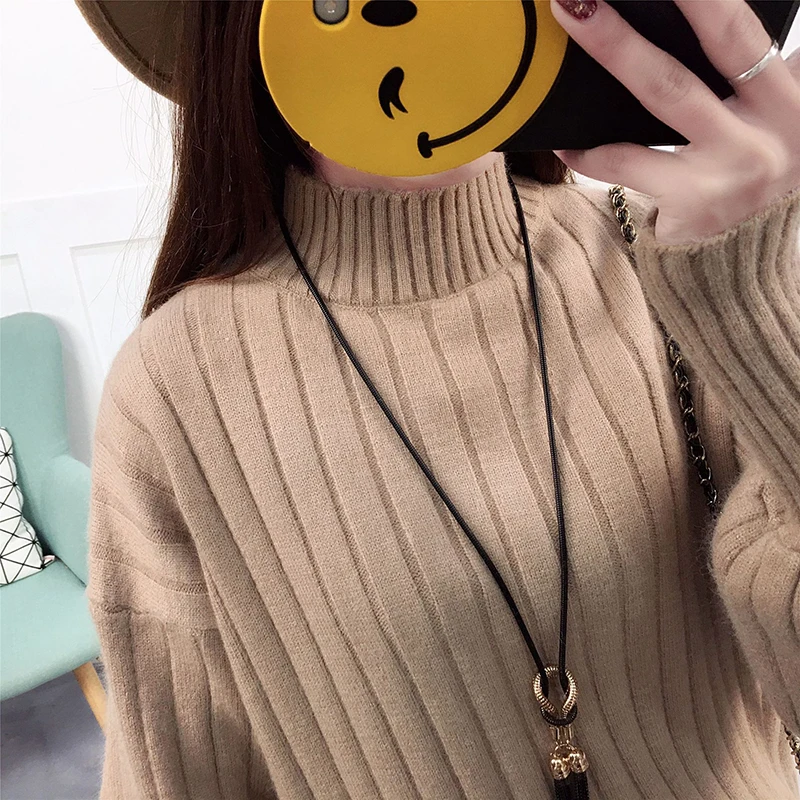 2018 New Korean loose hedging women knit shirts Half-high collar lantern sleeves fashion autumn winter Sweater primerTW016 | Женская