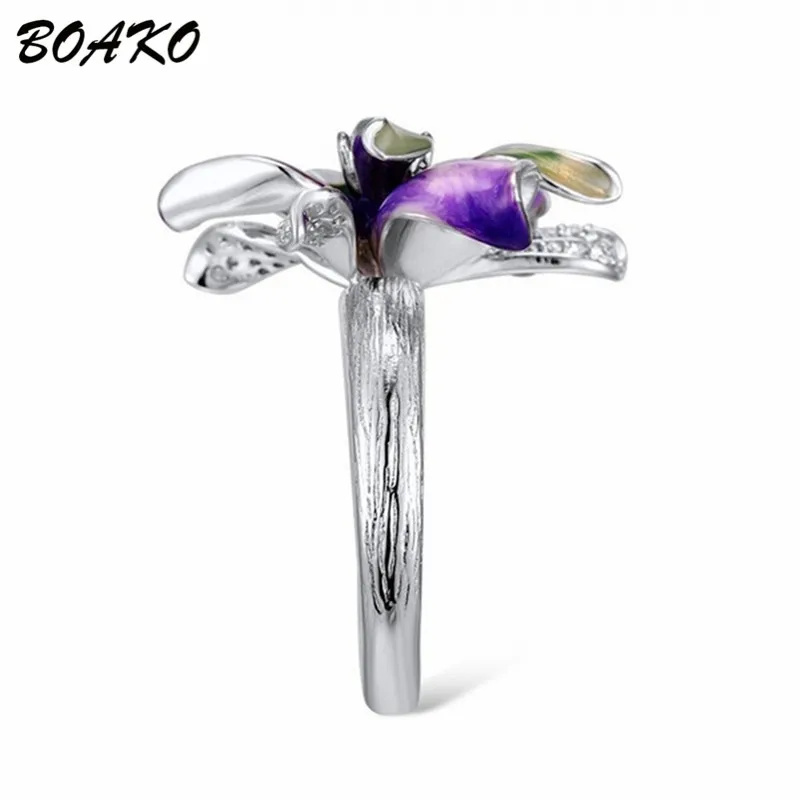 BOAKO, 925 пробы, серебряное кольцо, фиолетовая эмаль, цветок, кольцо для женщин, AAA, циркон, Кристалл, кольцо, нежные, модные, ювелирные изделия на палец, Bague