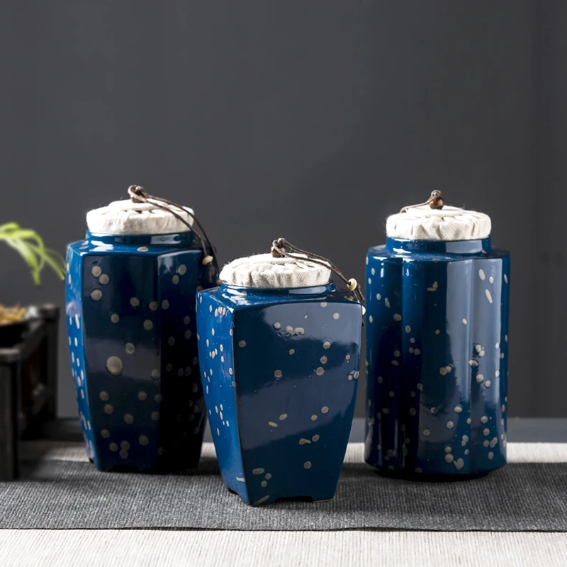 

Japanese Style Coarse Pottery Blue Glaze Tea Caddy Ceramic Storage Tea Cans Candy Coffee Bottles Spice Jar Vintage Home Decor