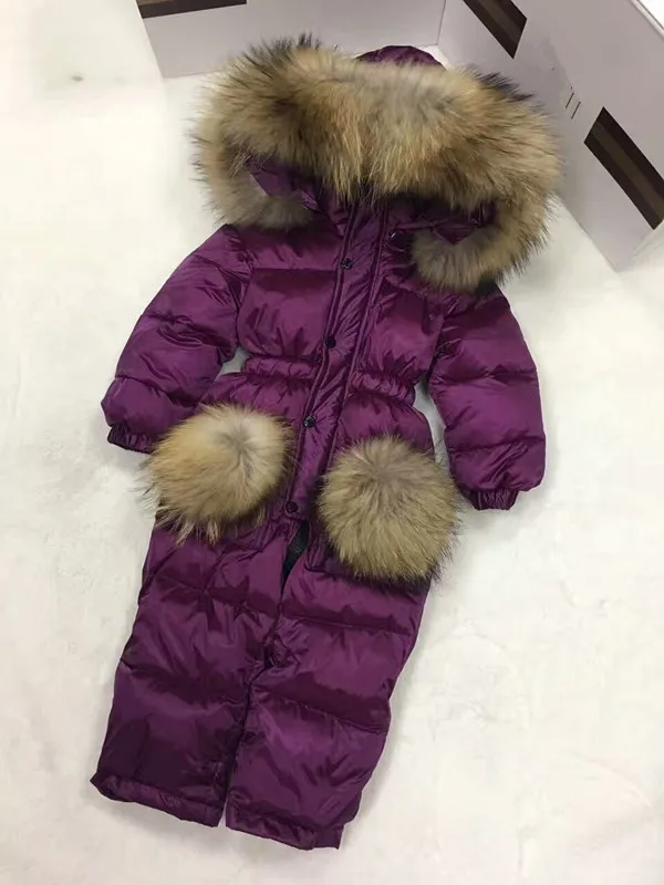 Г. Зимнее пуховое пальто для маленьких девочек одежда для малышей Верхняя одежда с принтом детский зимний комбинезон с меховым капюшоном, пуховое пальто детский комбинезон, комбинезон - Цвет: Фиолетовый