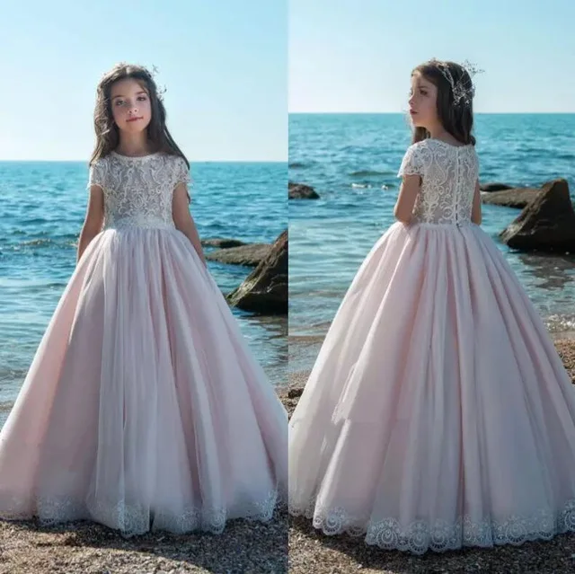 

Pink Flower Girl Dresses For Summer Beach Garden Weddings 2018 Cap Sleeves Sheer Appliqued Sequined Girls Pageant Party Gown