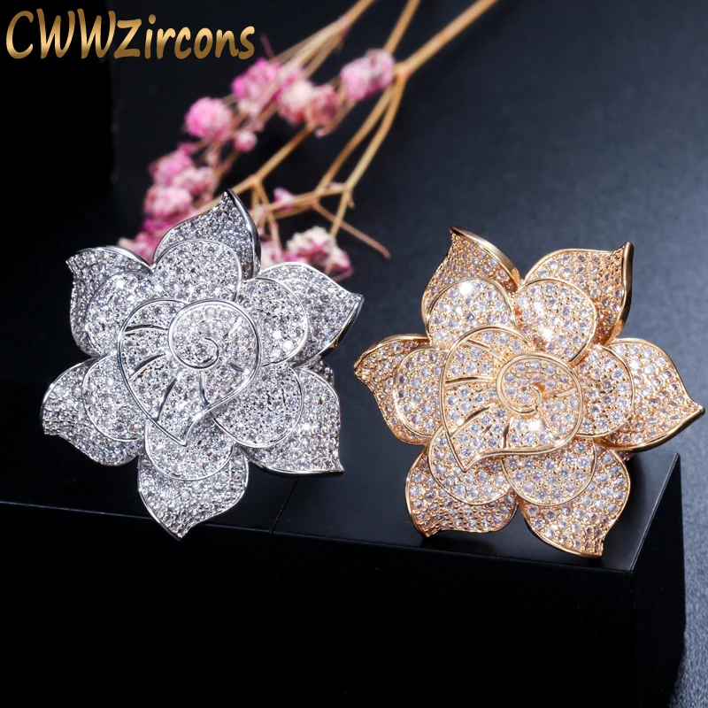 Женское кольцо с кубическим цирконием CWWZircons, желтое/Золотое кольцо с большим геометрическим цветком для свадебной вечеринки, R041