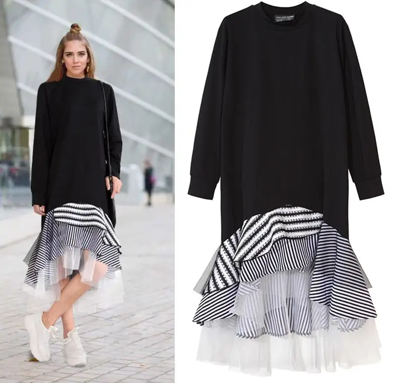 2017 весеннее цельнокроеное платье средней длины с асимметричной геометрией в