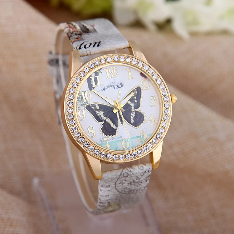 Женские повседневные часы красивые со стразами и цветком наручные с бабочкой |