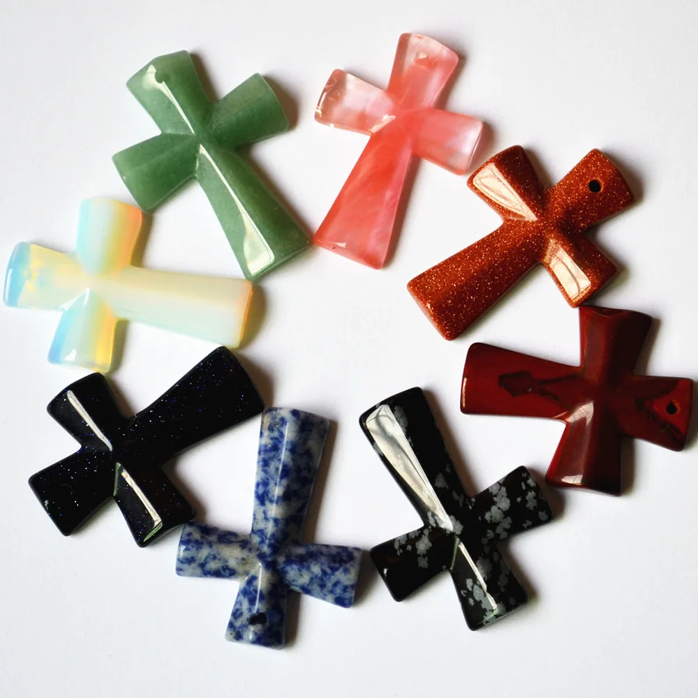 

2018 fashion natural stone opal sodalite Golden sands cross pendants Charms for Necklaces jewelry making wholesale 8pcs