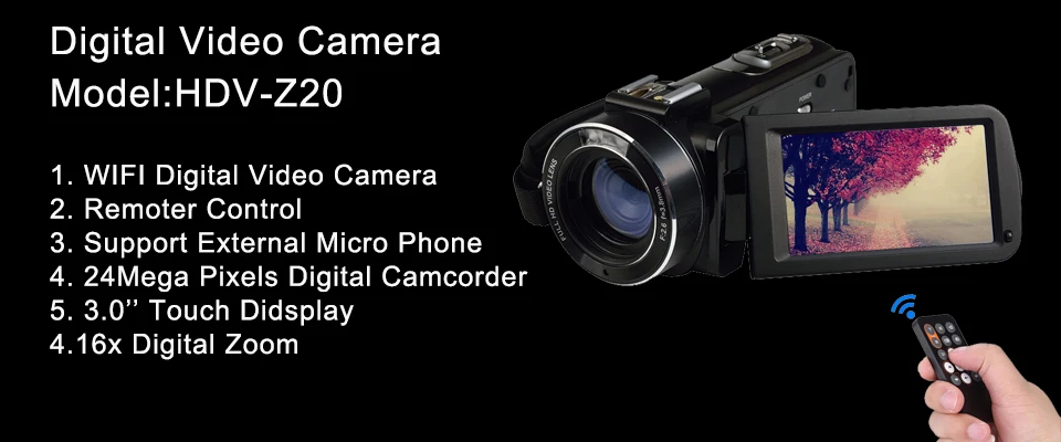 Цифровая видеокамера full hd 1080P HDV-Z20 wifi профессиональная видеокамера с 3," сенсорным экраном 16x цифровым зумом