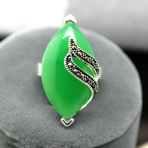 

wholesale 13mmX29mm Green Natural Stone Gem Marcasite 925 STERLING SILVER RING Size 7/8/9/10