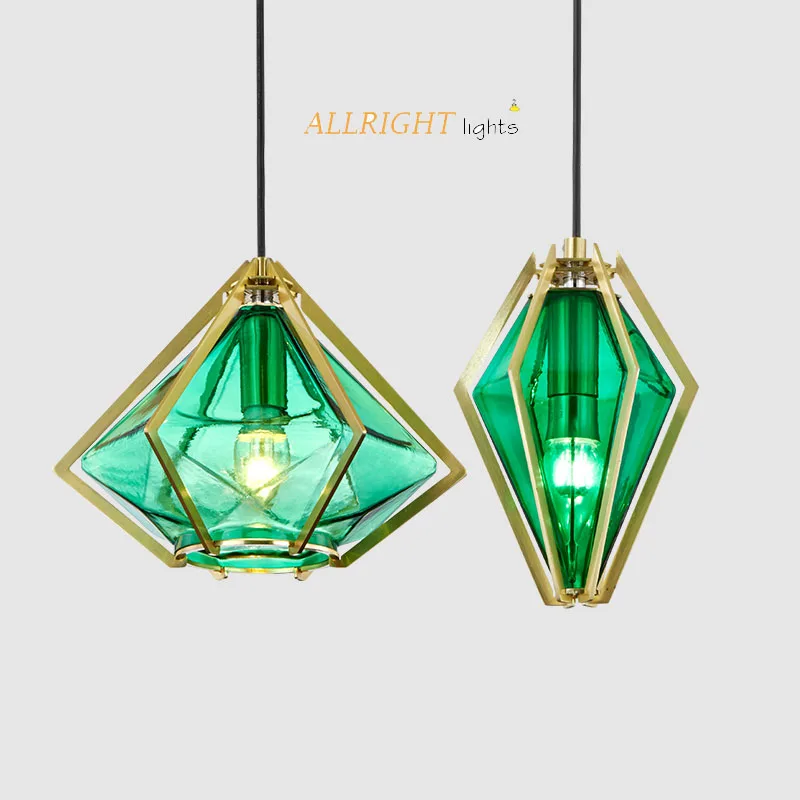 

2018 New Modern Nordic dining Lights Wrought Iron Green Color Diamond Pendant Light postmodern Geometric Living Room/Bar Light