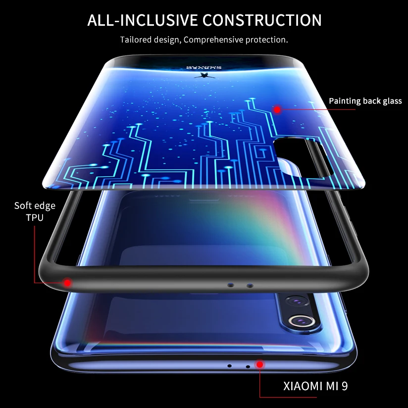 Luxury Case for Xiaomi Mi 9 Mi9 Transparent Edition Tempered Glass Back HD Patterned Soft Edge TPU Silicone Phone Cover | Мобильные