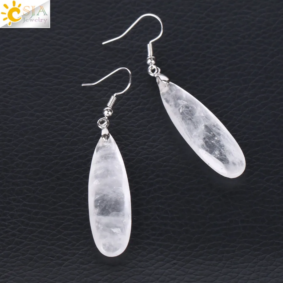 White Crystal CSJA длинные висячие серьги для женщин, натуральный камень, многогранная подвеска, тигровый глаз, кристалл, лава, геометрические висячие серьги F354 - Окраска металла: White Crystal