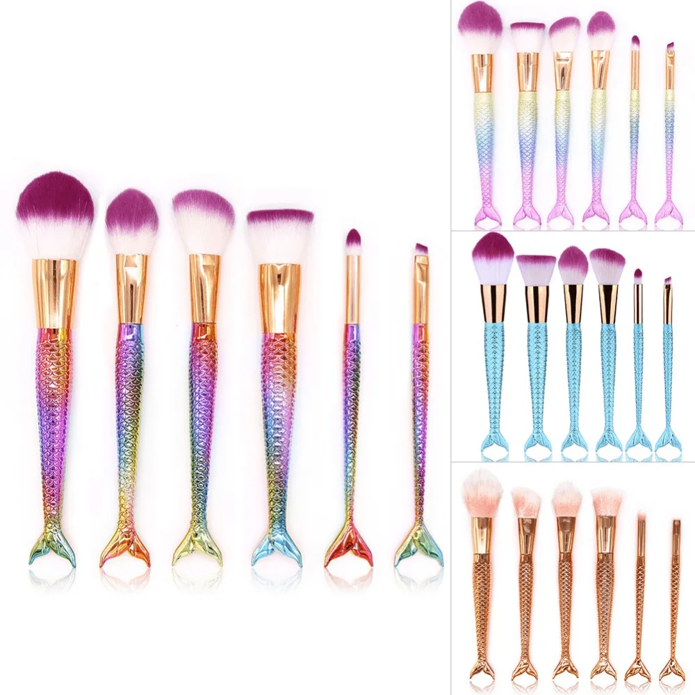 

100sets Professional 6pcs Mermaid Makeup Brushes Powder Foundation Brushes Beauty Tool Colorful Fishtail Handle Make up Brush