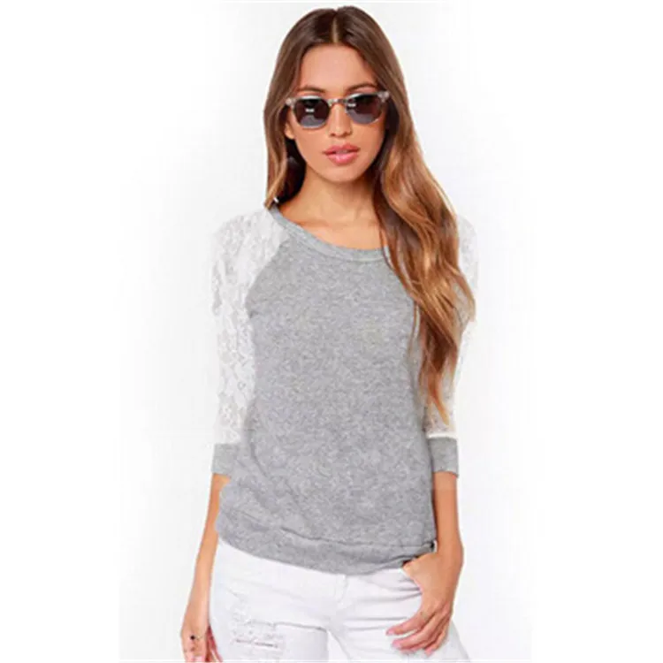 Blockbuster fashion long-sleeved lace stitching round-collar women's sweate hollow latest hit 2019 gray | Женская одежда