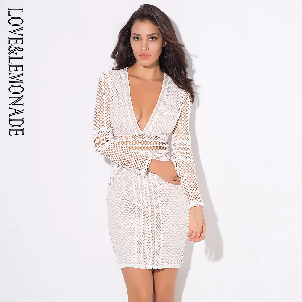 Женское кружевное платье LOVE &amp LEMONADE белое с геометрическим узором и глубоким