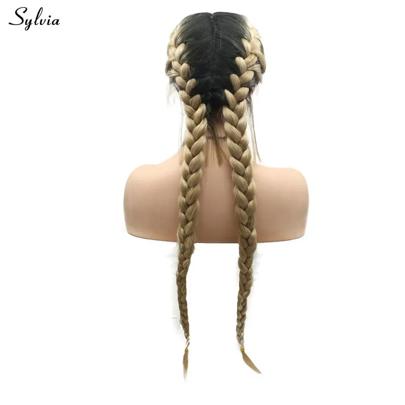 

Sylvia Natural All Middle Part Ombre Blonde Handmade 2x Twist Braids Wig Synthetic Lace Front Wigs Double Braided With Baby Hair