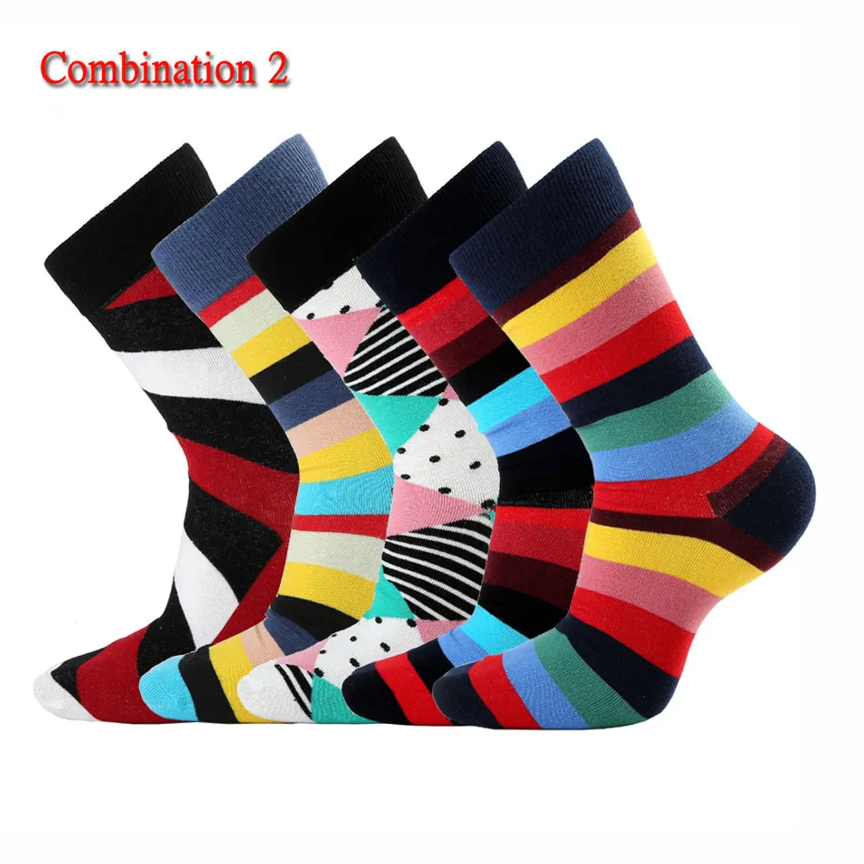 Combination 2 5 пар/партия, Новые повседневные мужские хлопковые носки, модные забавные цветные клетчатые дизайнерские носки, вечерние мужские хлопковые носки - Цвет: Combination 2