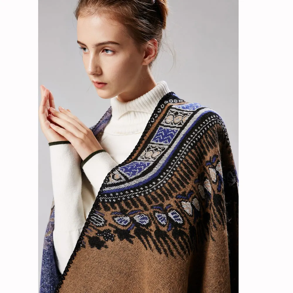 Reversible Cardigan Women Autumn Winter Cashmere Poncho Coat Vintage Print Designer Female Loose Thick Wrap Shawl Sweater |