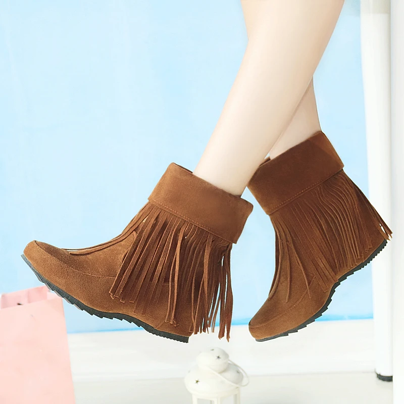 Winter plus size 11 12 13 14 15 16 Flock fashion Fringe Height Increasing Ankle Med Heels Boots Snow | Обувь