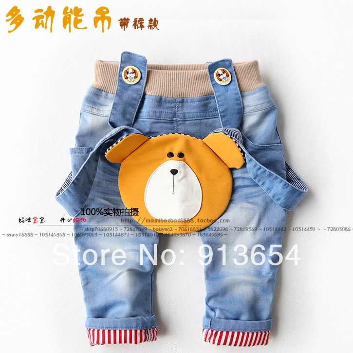 

new 2014 spring autumn kids clothes baby pants child casual pants boys Denim bib pants baby cute bear cartoon overalls