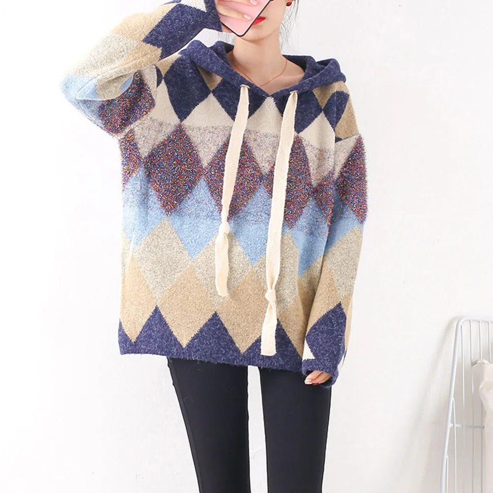 MS- Retro hit color pattern women's hooded pullover sweater autumn winter 2018 mori girl | Женская одежда